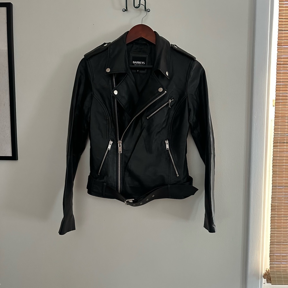 Barneys New York Sheep leather  Black Leather Jacket motorcycle jacket